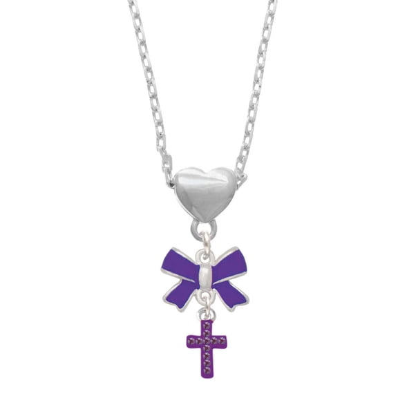 Delight Jewelry Silvertone Small Purple Crystal Cross Purple Bow Heart Necklace