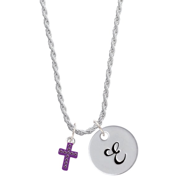 Delight Jewelry Silvertone Small Purple Crystal Cross Silvertone Script Initial Disc - E - Charm Necklace, 20"+3"