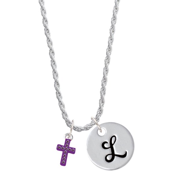 Delight Jewelry Silvertone Small Purple Crystal Cross Silvertone Script Initial Disc - L - Charm Necklace, 20"+3"