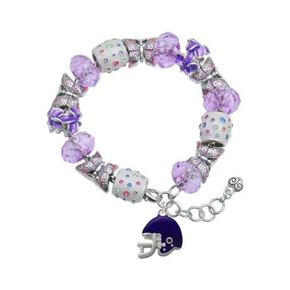 Delight Jewelry Silvertone Small Purple Football Helmet Purple Butterfly Bead Charm Bracelet, 7"+1" Extender