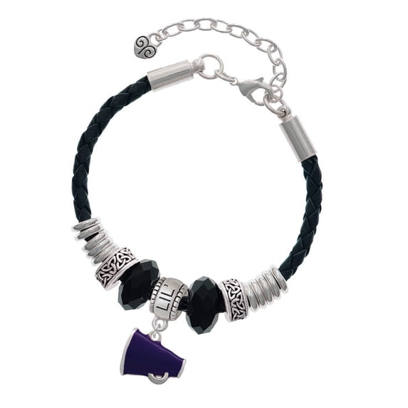 Delight Jewelry Silvertone Small Purple Megaphone Lil Sister Celtic Knot Leather Bead Bracelet, 7"+2" Extender