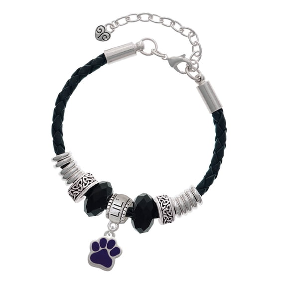 Delight Jewelry Silvertone Small Purple Paw Middle Sister Celtic Knot Leather Bead Bracelet, 7"+2" Extender