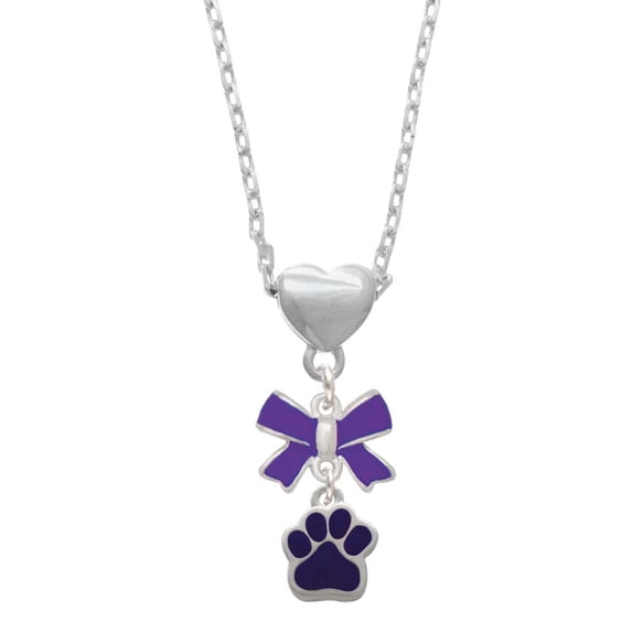 Delight Jewelry Silvertone Small Purple Paw Purple Bow Heart Necklace