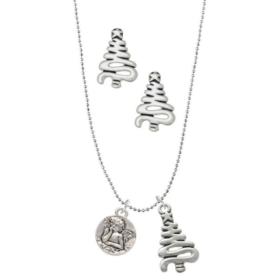 Delight Jewelry Silvertone Small Raphael Angel on Disc Silver tone Zig Zag Christmas Tree Charm Necklace and Stud Earrings