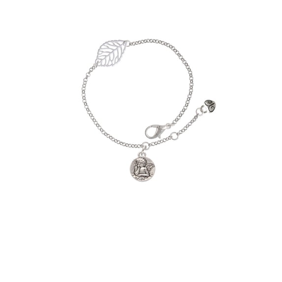 Delight Jewelry Silvertone Small Raphael Angel on Disc - Silvertone Leaf Delicate Bracelet, 6.25+1.75"