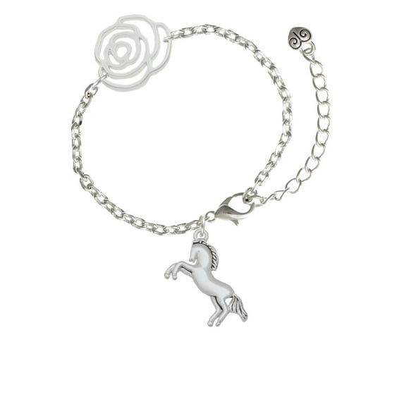 Delight Jewelry Silvertone Small Rearing Horse Silver-tone Flower Link Chain Bracelet, 6.75"+2" Extender