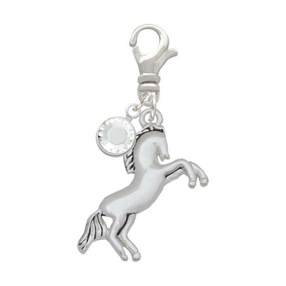 Delight Jewelry Silvertone Small Rearing Horse - Silvertone Clip on Charm with Clear Crystal Drop