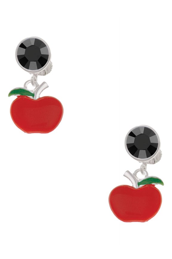 Silvertone Small Red Apple Black Crystal Clip on Earrings