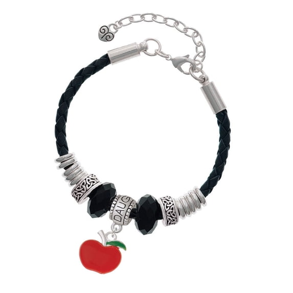 Delight Jewelry Silvertone Small Red Apple Daughter Celtic Knot Leather Bead Bracelet, 7"+2" Extender