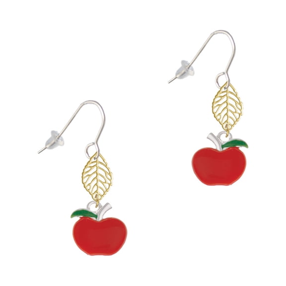 Delight Jewelry Silvertone Small Red Apple Goldtone Leaf French Earrings