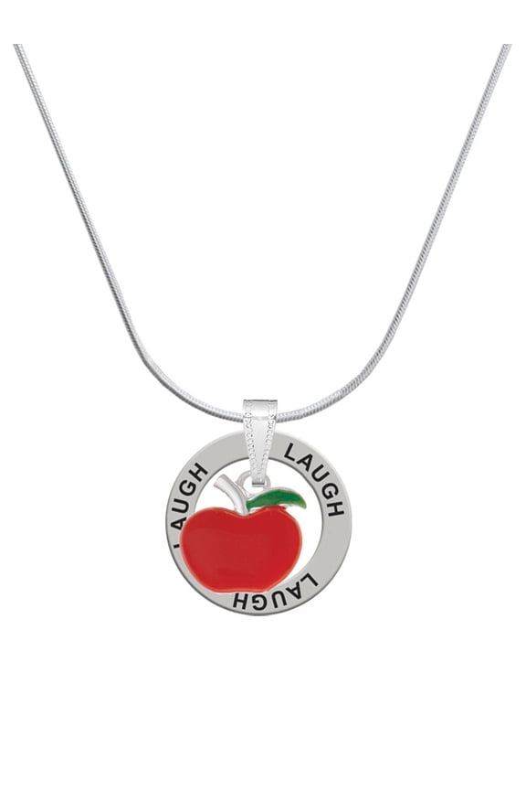 Silvertone Small Red Apple Laugh Ring Charm Necklace, 18"