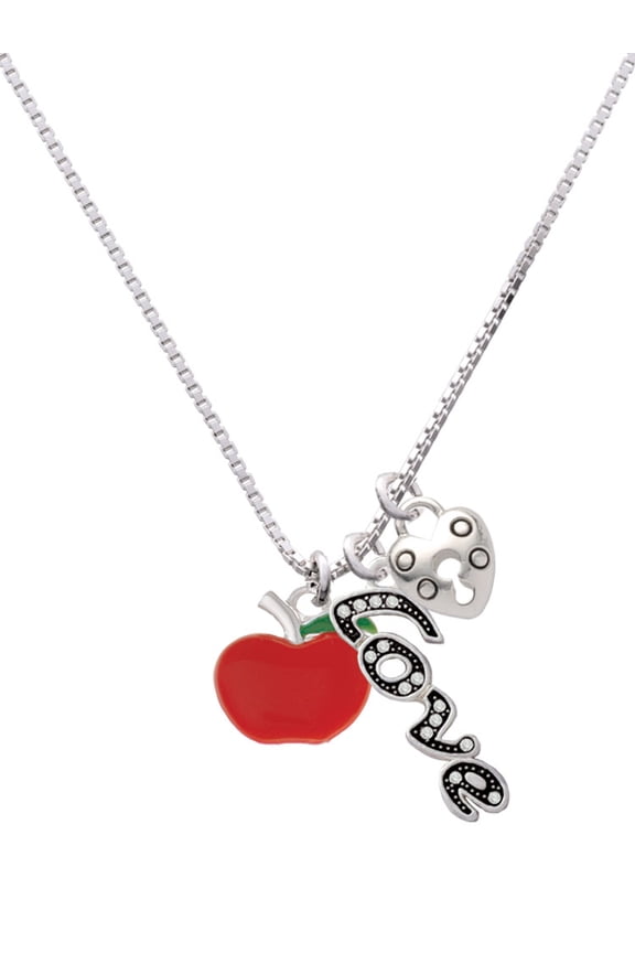 Silvertone Small Red Apple - Love and Lock Charm Necklace, 18"+1"