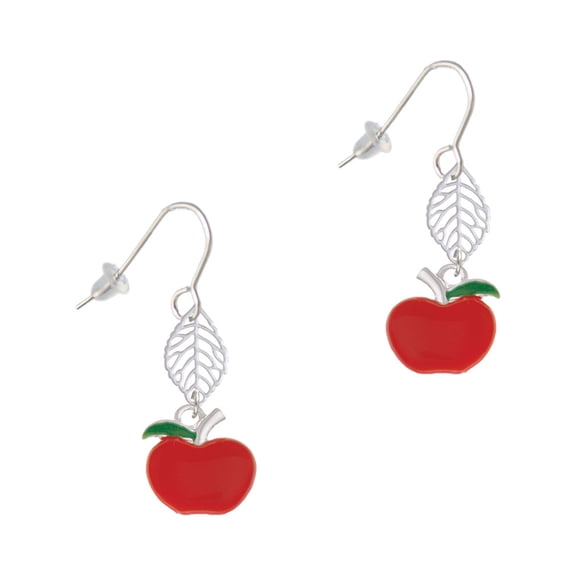 Delight Jewelry Silvertone Small Red Apple Silvertone Leaf French Earrings