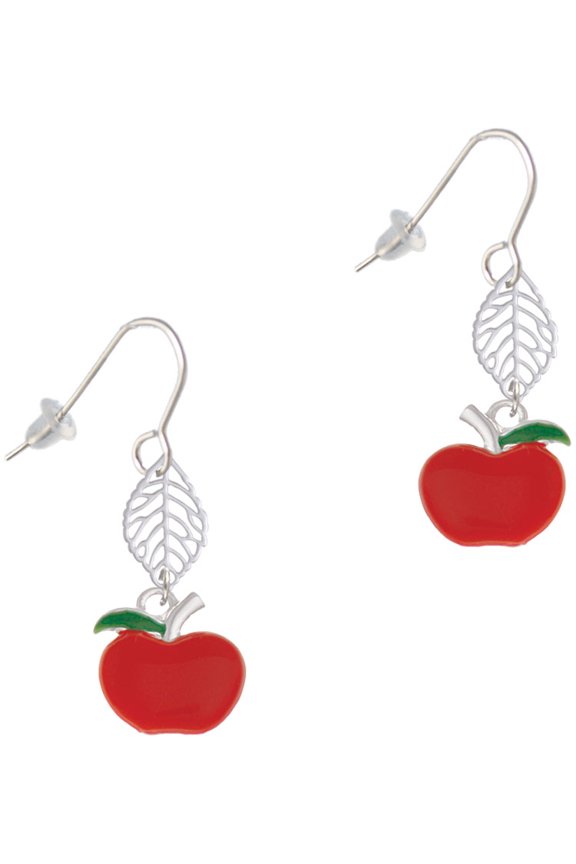Silvertone Small Red Apple Silvertone Leaf French Earrings