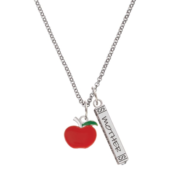 Delight Jewelry Silvertone Small Red Apple Silvertone Mother Daughter Bar Charm Necklace, 23"