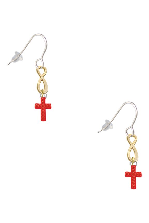 Silvertone Small Red Crystal Cross Gold Tone Infinity French Earrings