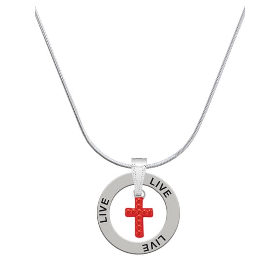 Delight Jewelry Silvertone Small Red Crystal Cross Live Ring Charm Necklace, 18"