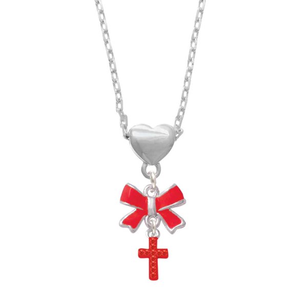 Delight Jewelry Silvertone Small Red Crystal Cross Red Bow Heart Necklace