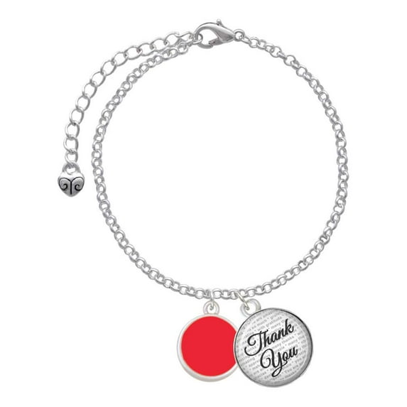 Delight Jewelry Silvertone Small Red Enamel Disc - Domed Thank You Charm Bracelet, 6"+2"