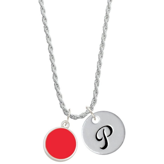 Delight Jewelry Silvertone Small Red Enamel Disc Silvertone Script Initial Disc - P - Charm Necklace, 20"+3"