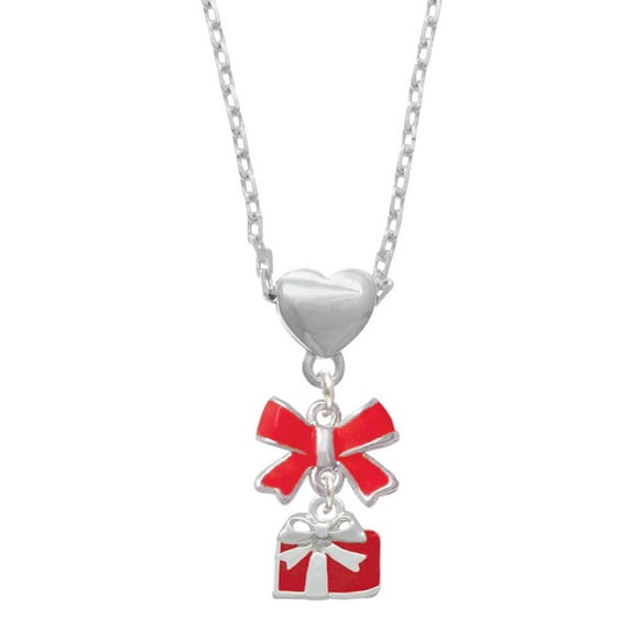 Delight Jewelry Silvertone Small Red Enamel Present Red Bow Heart Necklace