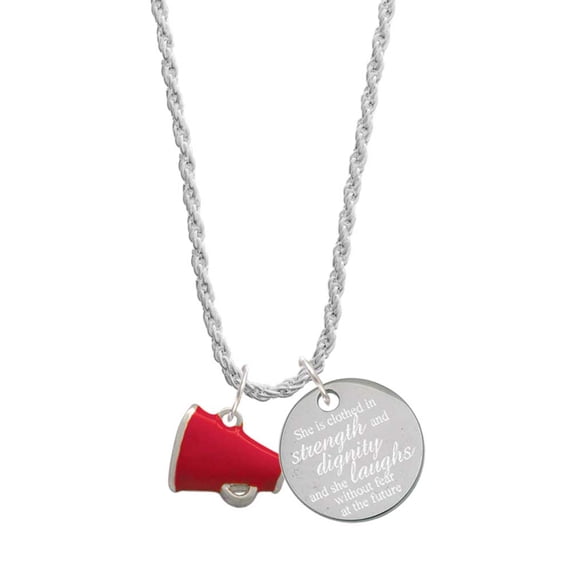 Delight Jewelry Silvertone Small Red Megaphone She is Clothed in Stength and Dignity Charm Necklace, 20"+3"