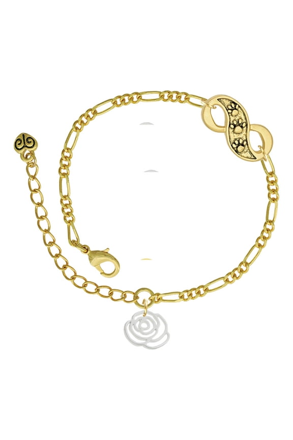 Silvertone Small Rose Outline Gold-tone Paw Infinity Link Chain Bracelet, 6"+2" Extender