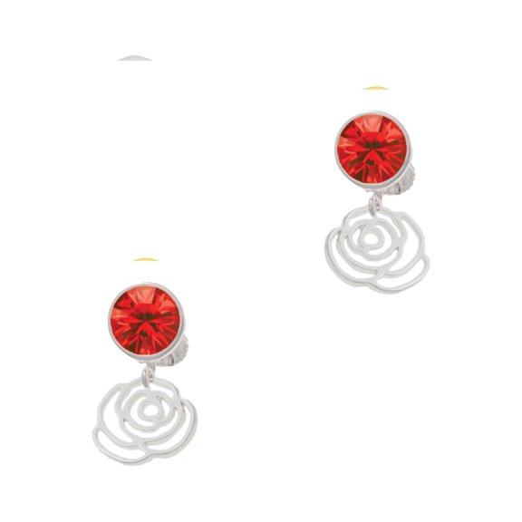 Delight Jewelry Silvertone Small Rose Outline Red Crystal Clip on Earrings