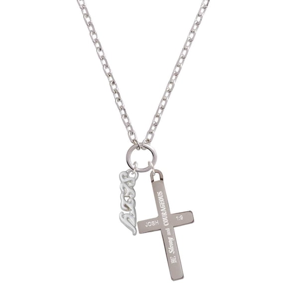 Delight Jewelry Silvertone Small Sexy Script Be Strong and Courageous Engraved Cross Zoey Necklace, 28"