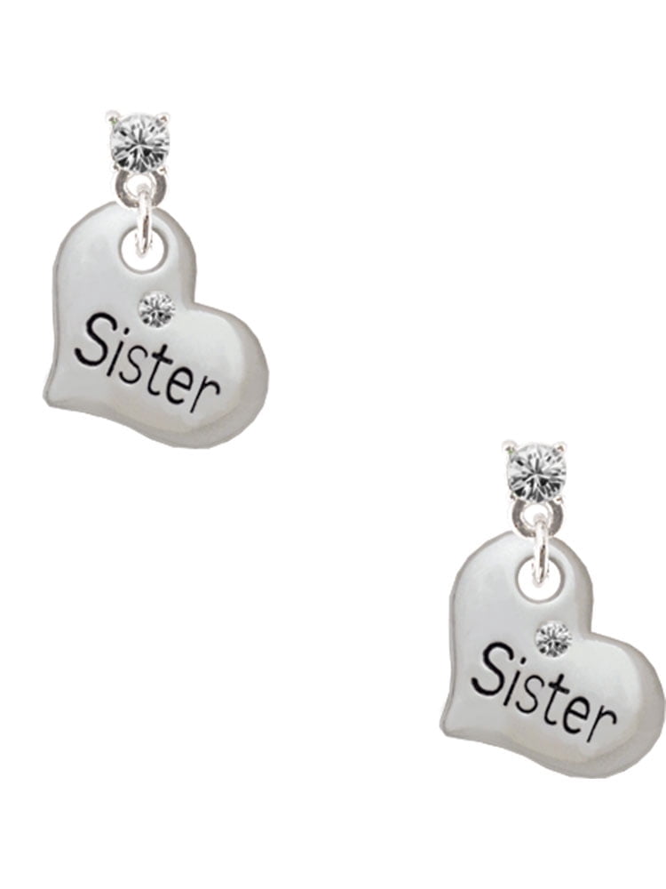 Delight Jewelry Silvertone Small ''Sister'' Heart with Clear Crystal Clear Crystal Post Earrings