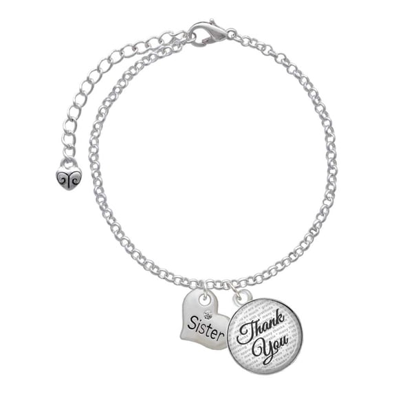 Delight Jewelry Silvertone Small ''Sister'' Heart with Clear Crystal - Domed Thank You Charm Bracelet, 6"+2"