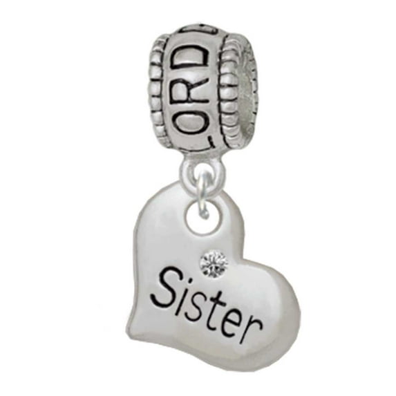 Delight Jewelry Silvertone Small ''Sister'' Heart with Clear Crystal Lord Guide Me Charm Bead