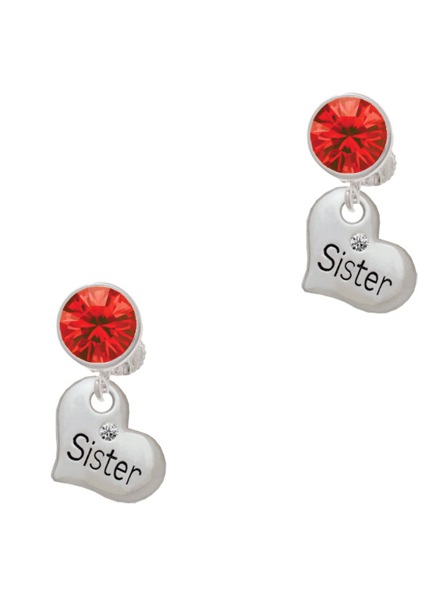 Delight Jewelry Silvertone Small ''Sister'' Heart with Clear Crystal Red Crystal Clip on Earrings