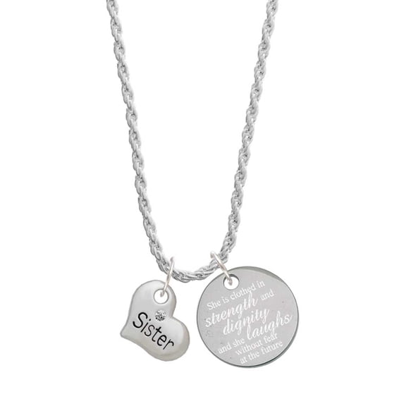 Delight Jewelry Silvertone Small ''Sister'' Heart with Clear Crystal She is Clothed in Stength and Dignity Charm Necklace, 20"+3"