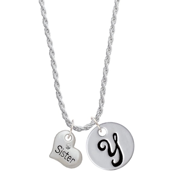 Delight Jewelry Silvertone Small ''Sister'' Heart with Clear Crystal Silvertone Script Initial Disc - Y - Charm Necklace, 20"+3"
