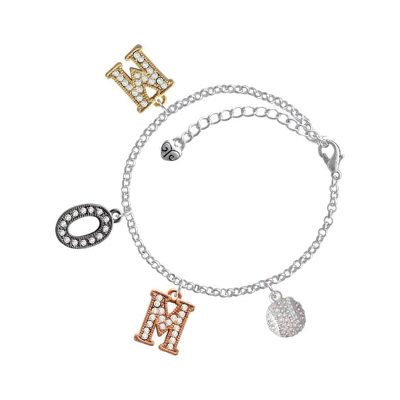 Delight Jewelry Silvertone Small Sparkle Clear AB Softball Multi-Colored Crystal Mom Charm Bracelet
