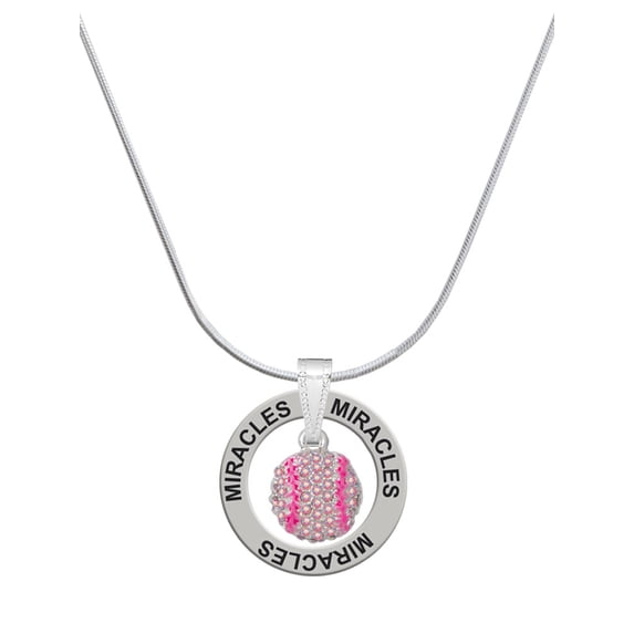 Delight Jewelry Silvertone Small Sparkle Pink AB Softball Miracles Ring Charm Necklace, 18"