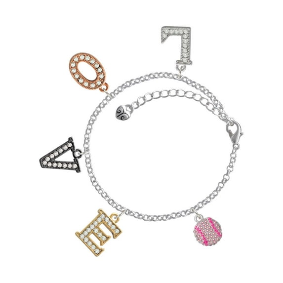 Delight Jewelry Silvertone Small Sparkle Pink AB Softball Multi-Colored Crystal Love Charm Bracelet