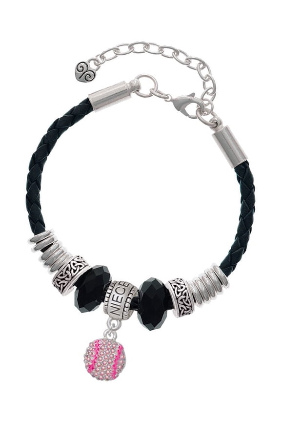 Silvertone Small Sparkle Pink AB Softball Niece Celtic Knot Leather Bead Bracelet, 7"+2" Extender
