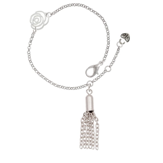 Delight Jewelry Silvertone Small Tassel Silver-tone Rose Link Chain Bracelet, 6.25"+1.75" Extender