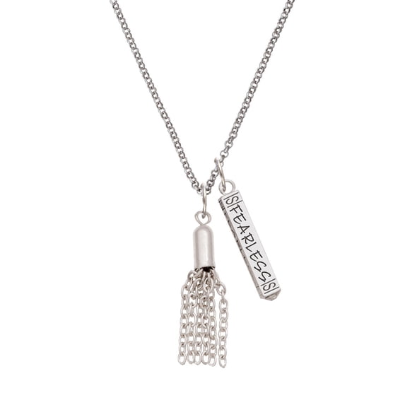 Delight Jewelry Silvertone Small Tassel Silvertone Fearless Bar Charm Necklace, 23"