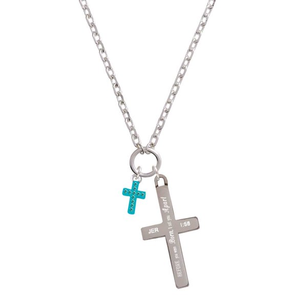 Delight Jewelry Silvertone Small Teal Crystal Cross I Set You Apart Engraved Cross Zoey Necklace, 28"