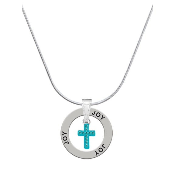 Delight Jewelry Silvertone Small Teal Crystal Cross Joy Ring Charm Necklace, 18"