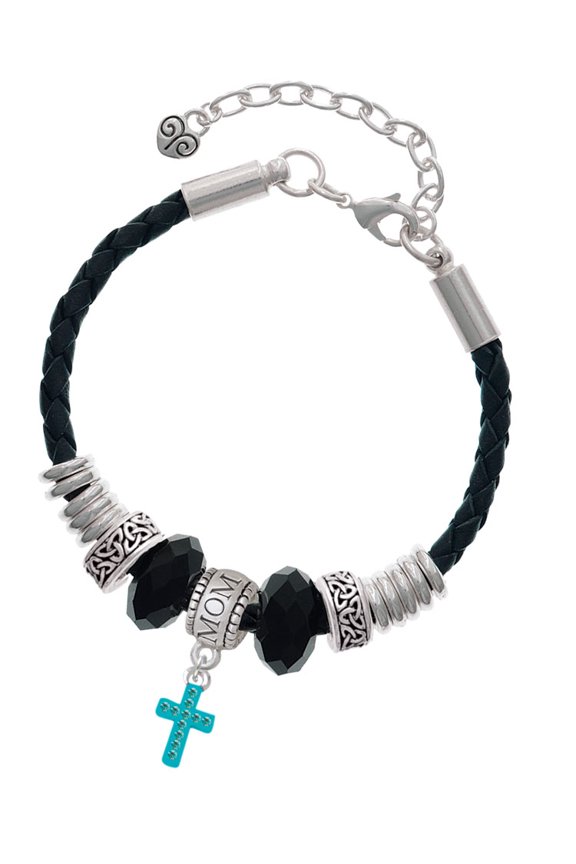Silvertone Small Teal Crystal Cross Mom Celtic Knot Leather Bead Bracelet, 7"+2" Extender
