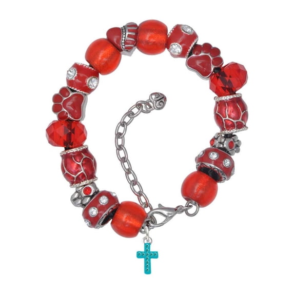 Delight Jewelry Silvertone Small Teal Crystal Cross Red Paw Print Bead Bracelet, 7"+2"