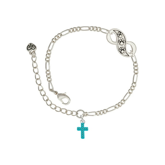 Delight Jewelry Silvertone Small Teal Crystal Cross Silver-tone Paw Infinity Link Chain Bracelet, 6"+2" Extender