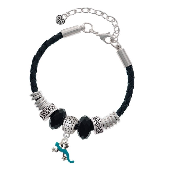 Delight Jewelry Silvertone Small Teal Lizard Daughter Celtic Knot Leather Bead Bracelet, 7"+2" Extender
