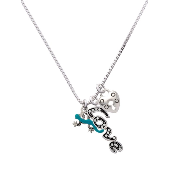 Delight Jewelry Silvertone Small Teal Lizard - Love and Lock Charm Necklace, 18"+1"