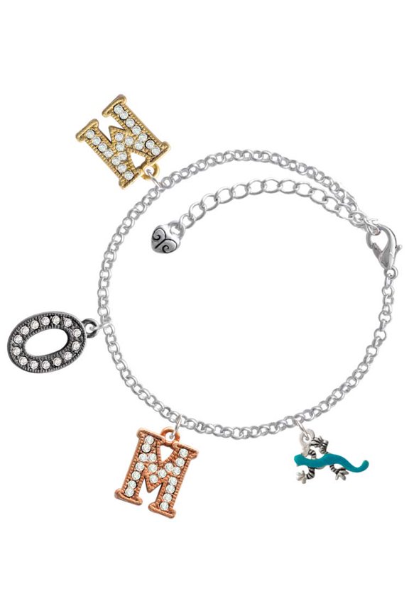 Silvertone Small Teal Lizard Multi-Colored Crystal Mom Charm Bracelet