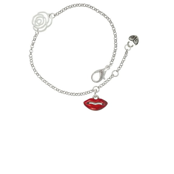 Delight Jewelry Silvertone Small Translucent Red Lips Silver-tone Rose Link Chain Bracelet, 6.25"+1.75" Extender